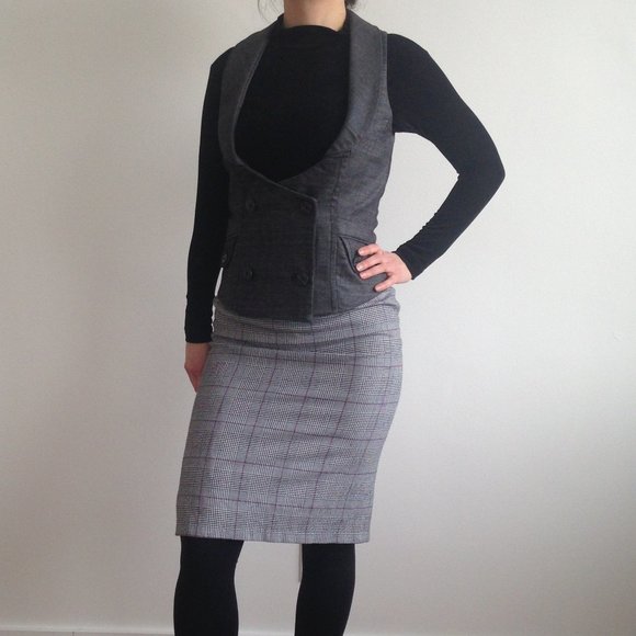 Evidence - Grey Plaid Houndstooth High Waisted Pencil Skirt - Picture 2 of 14